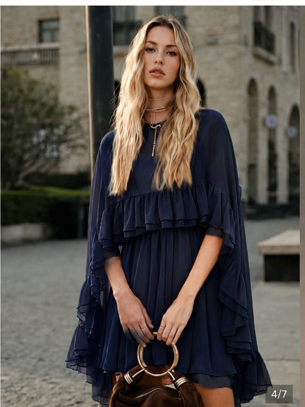 Commense Semi-Sheer Chiffon Ruffle Dress With Outer Cape- NAVY